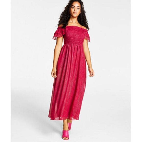 Bar III NWT L Royal amaryllis gauze metallic weave lined off shoulder smocked ma - Picture 1 of 9